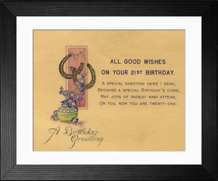 Framed Print : 21st birthday card with horseshoes and flowers Framed Print : 21st birthday card with horseshoes and flowers