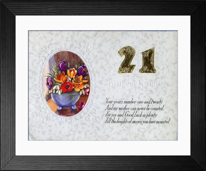 Framed Print : 21st birthday card with vase of flowers Framed Print : 21st birthday card with vase of flowers
