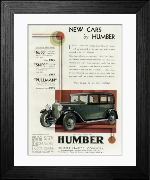 Framed Print : An advertisement for Humber cars Framed Print : An advertisement for Humber cars