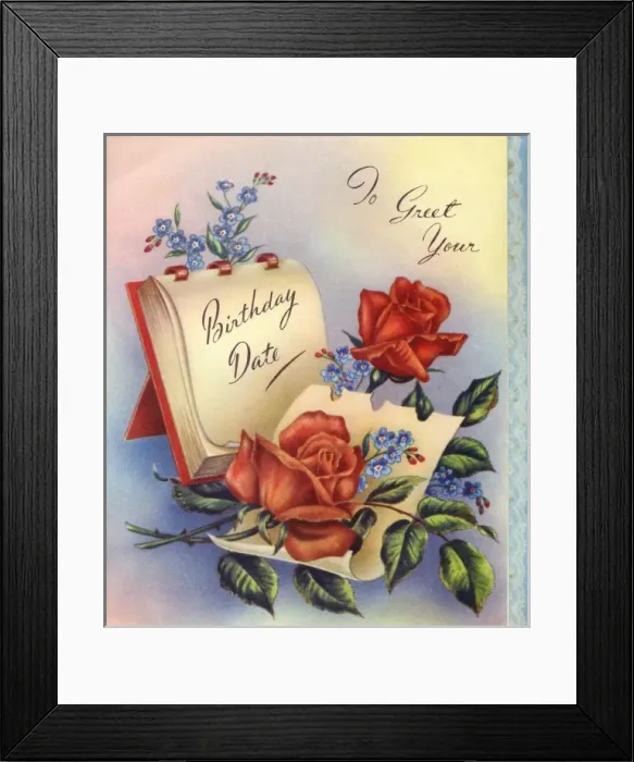 Framed Print : Birthday card with calendar and red roses Framed Print : Birthday card with calendar and red roses