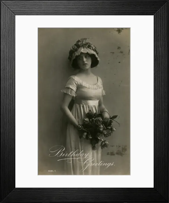 Framed Print : Young woman with roses on a birthday postcard Framed Print : Young woman with roses on a birthday postcard