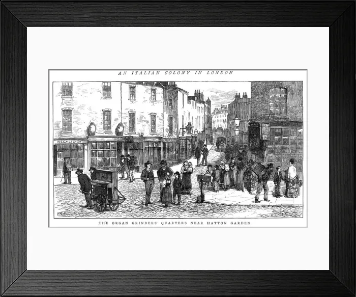 Framed Print : Street music: organ grinders quarter, 1875 Framed Print : Street music: organ grinders quarter, 1875