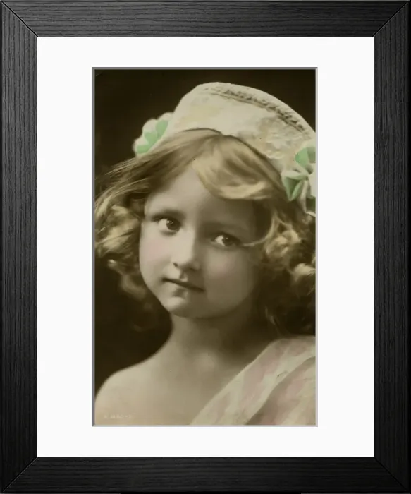Framed Print : Little girl in lacy hat with green trimmings Framed Print : Little girl in lacy hat with green trimmings
