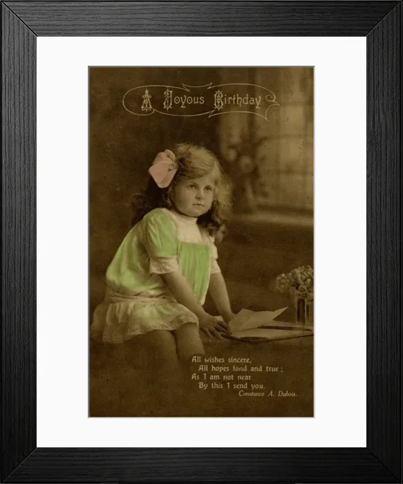 Framed Print : Little girl in green dress on birthday postcard Framed Print : Little girl in green dress on birthday postcard