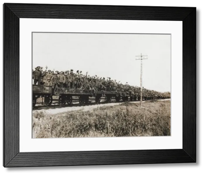 Framed Print : British troops waving from a train, Western Front, WW1 Framed Print : British troops waving from a train, Western Front, WW1
