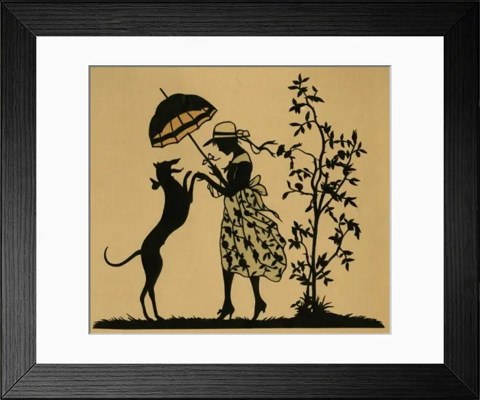 Framed Print : Lady with parasol and dog in a garden Framed Print : Lady with parasol and dog in a garden