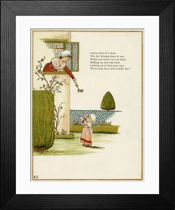 Framed Print : Mother throws a flower down to her toddler Framed Print : Mother throws a flower down to her toddler