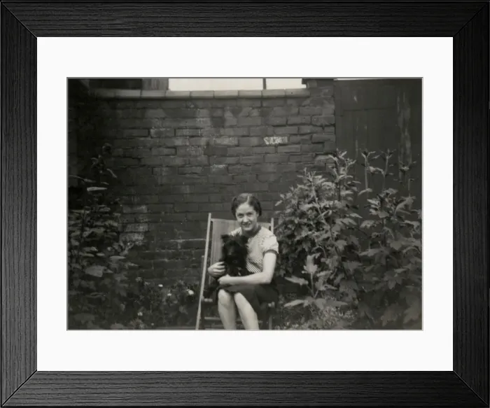 Framed Print : Young woman in deckchair with dog Framed Print : Young woman in deckchair with dog