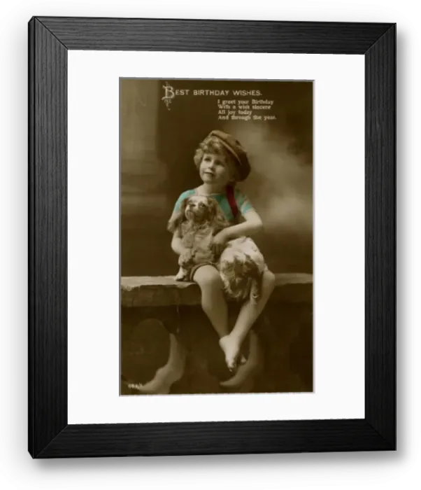 Framed Print : Little boy with spaniel on a birthday postcard Framed Print : Little boy with spaniel on a birthday postcard