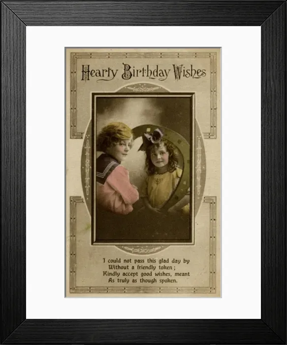 Framed Print : Little girl and boy on a birthday postcard Framed Print : Little girl and boy on a birthday postcard