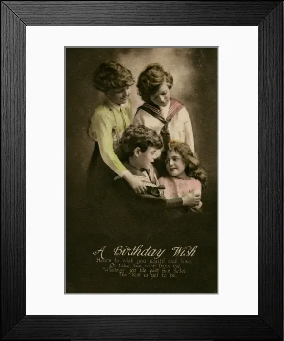 Framed Print : Four children on a birthday postcard Framed Print : Four children on a birthday postcard