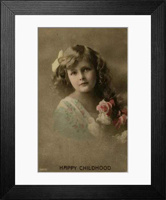 Framed Print : Happy Childhood -- girl with pink roses Framed Print : Happy Childhood -- girl with pink roses