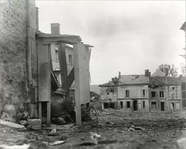 German machine gun in street, Grandpre, France, WW1