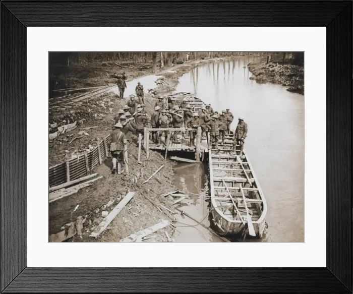 Framed Print : Loading pontoon boats with ammunition, Western Front, WW1 Framed Print : Loading pontoon boats with ammunition, Western Front, WW1
