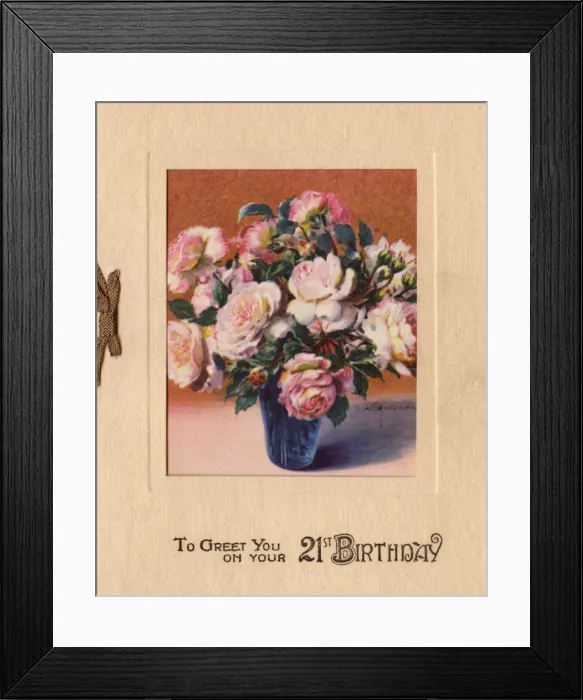 Framed Print : 21st birthday card with vase of pink roses Framed Print : 21st birthday card with vase of pink roses