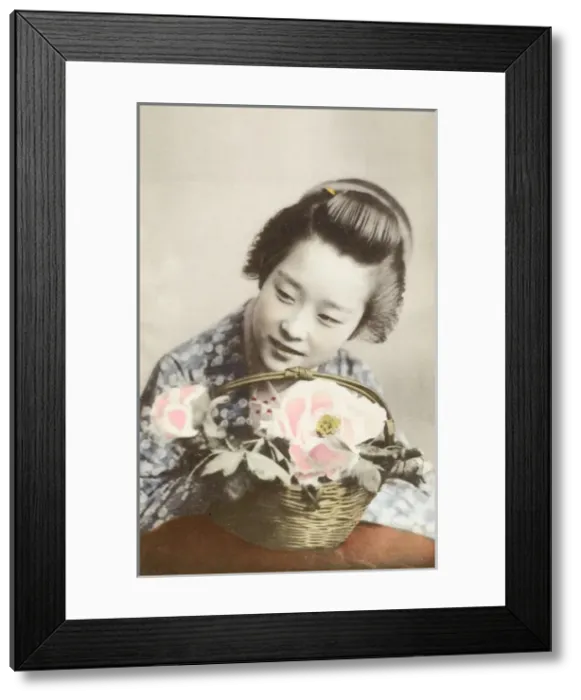 Framed Print : Japan - Geisha girl with a basket of flowers Framed Print : Japan - Geisha girl with a basket of flowers