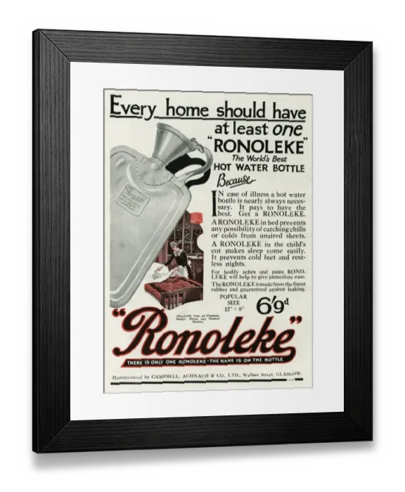 Framed Print : Advert for Ronoleke hot water bottle Framed Print : Advert for Ronoleke hot water bottle