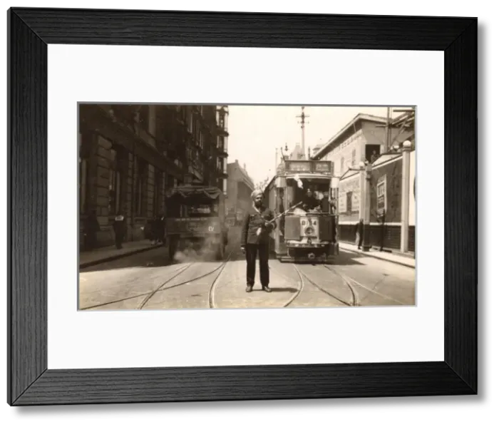 Framed Print : China - Shanghai - Street scene with tram and Policeman