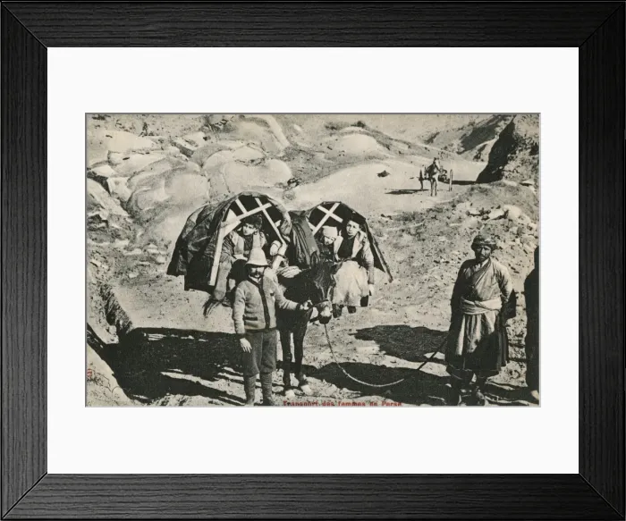 Framed Print : Mules carry children in pannier seats Framed Print : Mules carry children in pannier seats