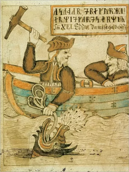 Thor, the god, is fishing. Illustration in The Olafur Brynjulfsson Edda 1760