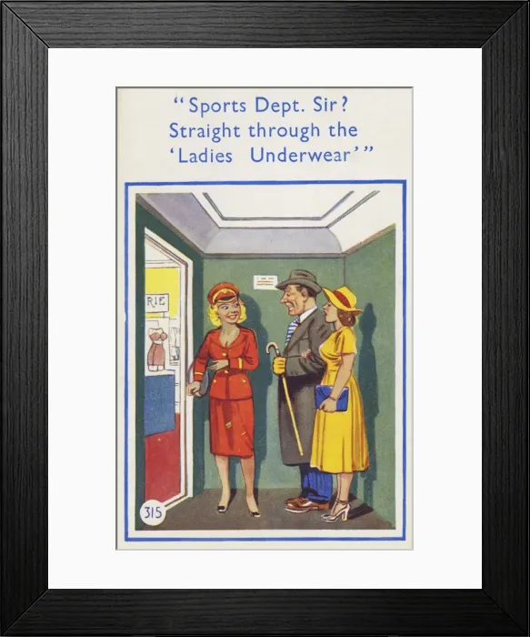 Framed Print : Humorous Postcard - Underwear Department Framed Print : Humorous Postcard - Underwear Department