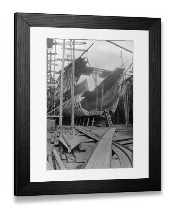 Framed Print : Framing and plating the hull of a ship, WW1 Framed Print : Framing and plating the hull of a ship, WW1