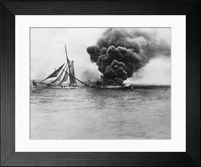 Framed Print : Ship on fire in mid-ocean, WW1 Framed Print : Ship on fire in mid-ocean, WW1
