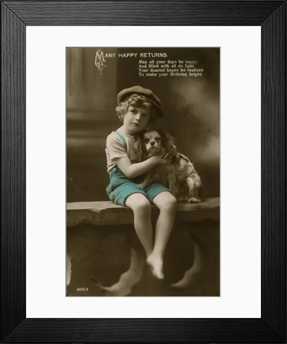 Framed Print : Little boy with spaniel on a birthday postcard Framed Print : Little boy with spaniel on a birthday postcard