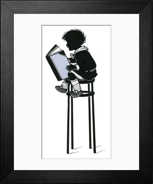 Framed Print : Child reading on a tall stool Framed Print : Child reading on a tall stool