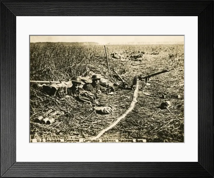 Framed Print : American soldiers with German machine gun, WW1 Framed Print : American soldiers with German machine gun, WW1
