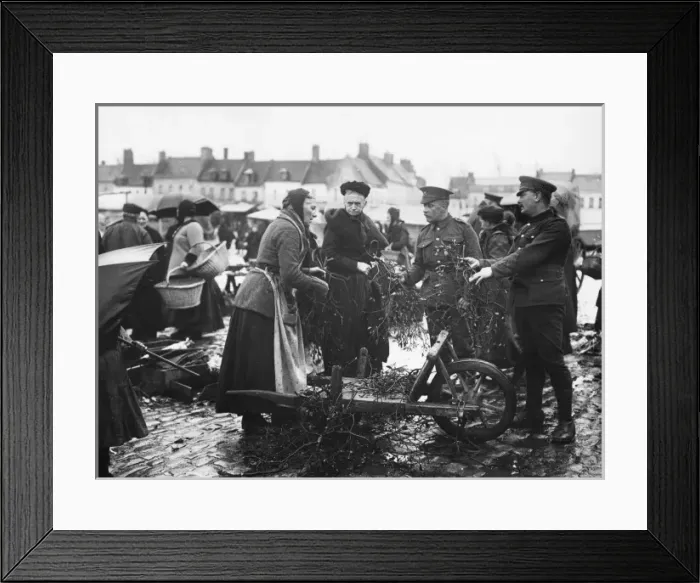 Framed Print : British troops in street market at Bailleul, France, WW1 Framed Print : British troops in street market at Bailleul, France, WW1