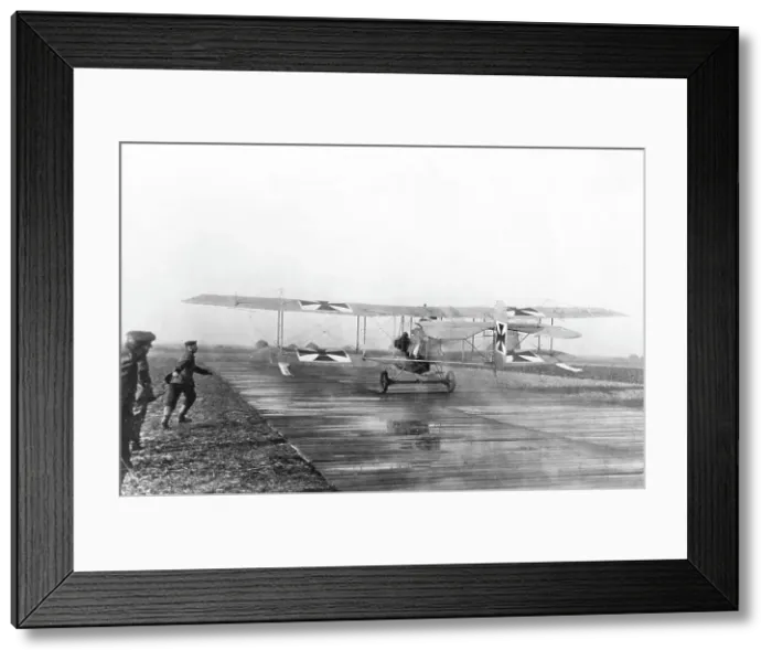Framed Print : German biplane taking off from French airfield, WW1 Framed Print : German biplane taking off from French airfield, WW1