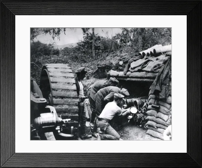 Framed Print : Gunners with heavy gun and shells, Salonika Front, WW1 Framed Print : Gunners with heavy gun and shells, Salonika Front, WW1