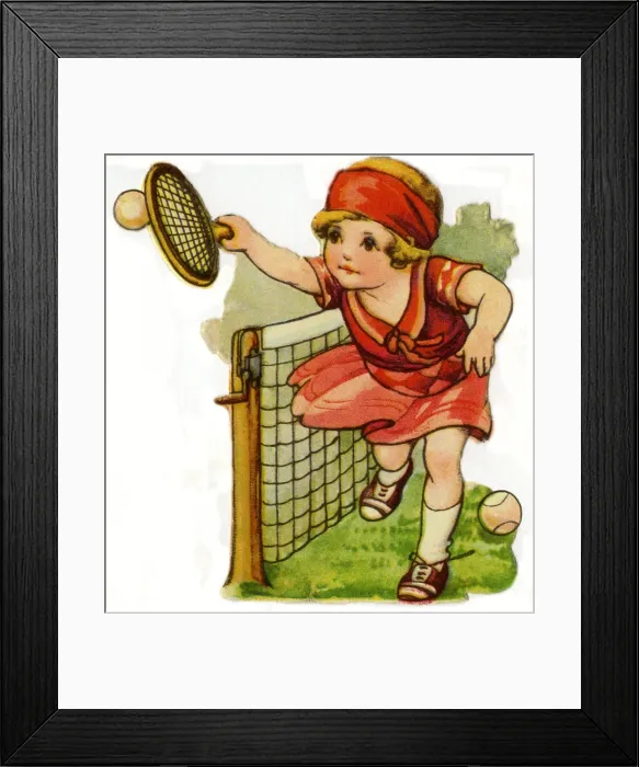 Framed Print : Tennis. Artist: Ada Leonora Bowley. Girl in red volleys over the net Date: circa 1920 Framed Print : Tennis. Artist: Ada Leonora Bowley. Girl in red volleys over the net Date: circa 1920