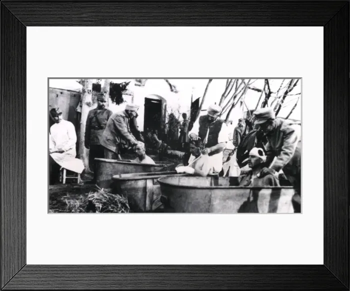 Framed Print : Wounded Romanian soldiers taking a bath, WW1 Framed Print : Wounded Romanian soldiers taking a bath, WW1