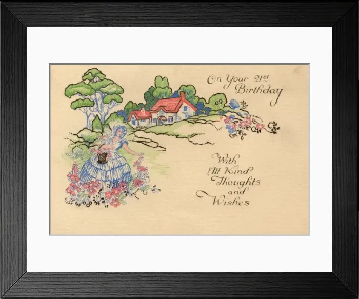 Framed Print : 21st birthday card with lady gathering flowers Framed Print : 21st birthday card with lady gathering flowers