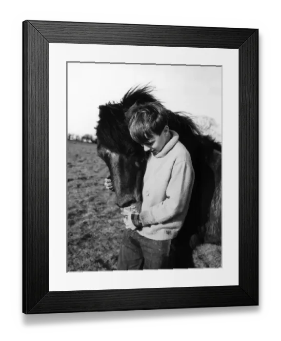 Framed Print : PONY BOY. Study of a boy giving his pony a loving cuddle. Date: 1960s Framed Print : PONY BOY. Study of a boy giving his pony a loving cuddle. Date: 1960s