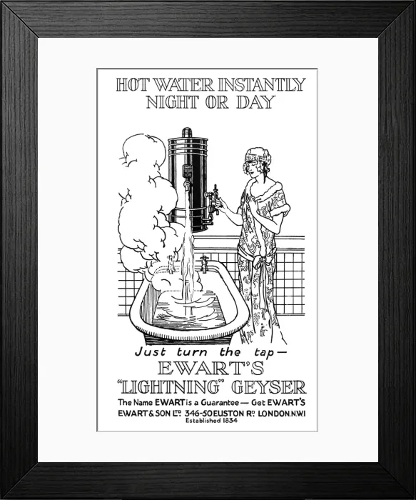 Framed Print : Advert for Ewarts Geyser hot water 1925 Framed Print : Advert for Ewarts Geyser hot water 1925