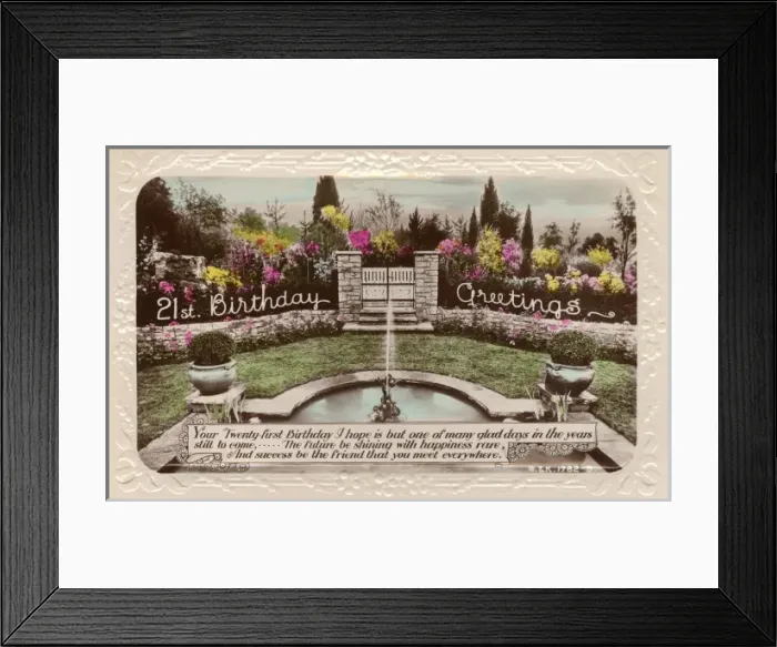 Framed Print : 21st birthday card with garden and fountain Framed Print : 21st birthday card with garden and fountain