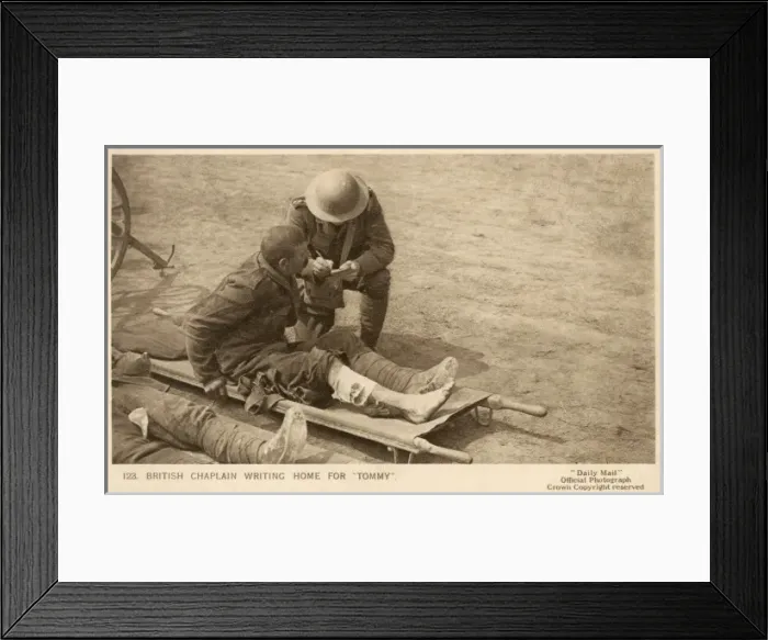 Framed Print : British Chaplain writes for a wounded soldier Framed Print : British Chaplain writes for a wounded soldier