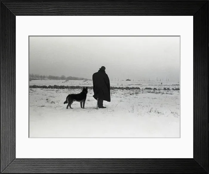 Framed Print : Silhouetted figure of a man and his dog Framed Print : Silhouetted figure of a man and his dog