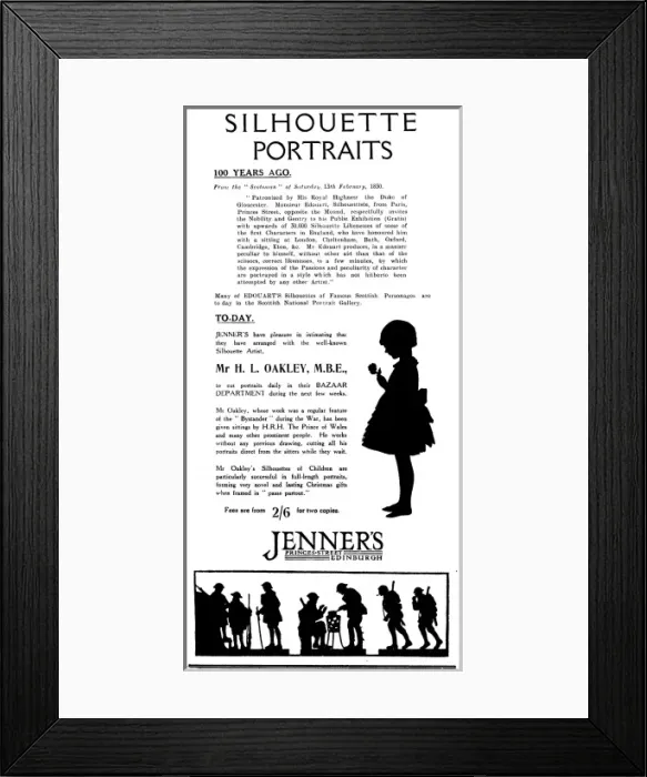 Framed Print : Advertisement for silhouettes, Jenners of Edinburgh Framed Print : Advertisement for silhouettes, Jenners of Edinburgh