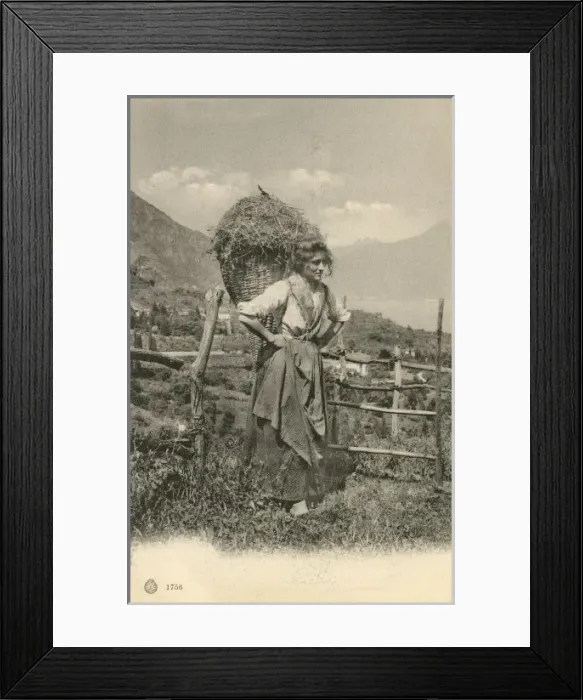 Framed Print : Woman of the Italian Lakes with straw backpack Framed Print : Woman of the Italian Lakes with straw backpack