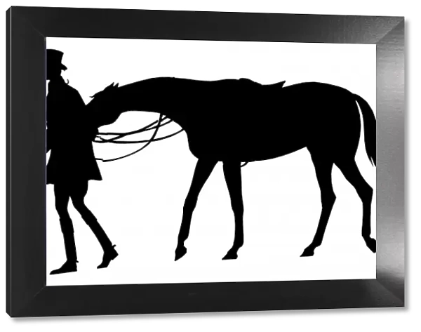 Silhouette of a man leading a horse