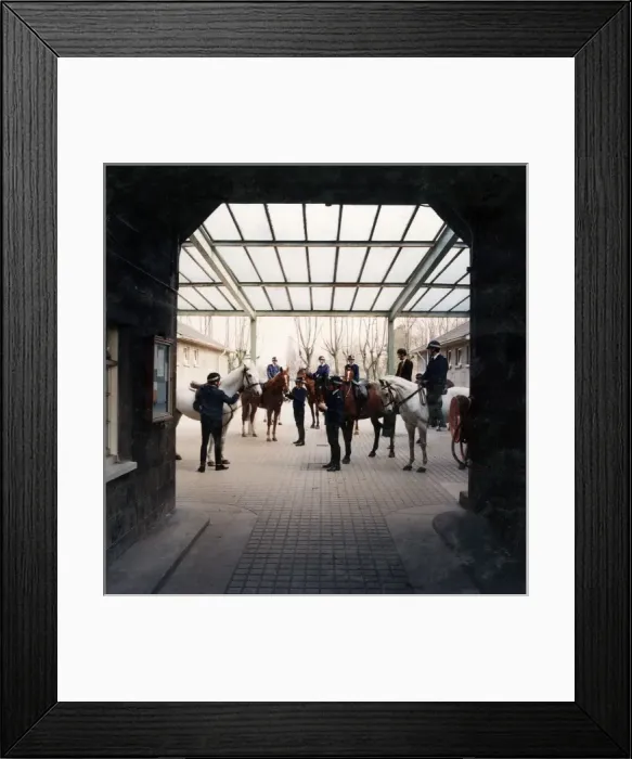 Framed Print : Metropolitan Police officers on horseback outside stable Framed Print : Metropolitan Police officers on horseback outside stable