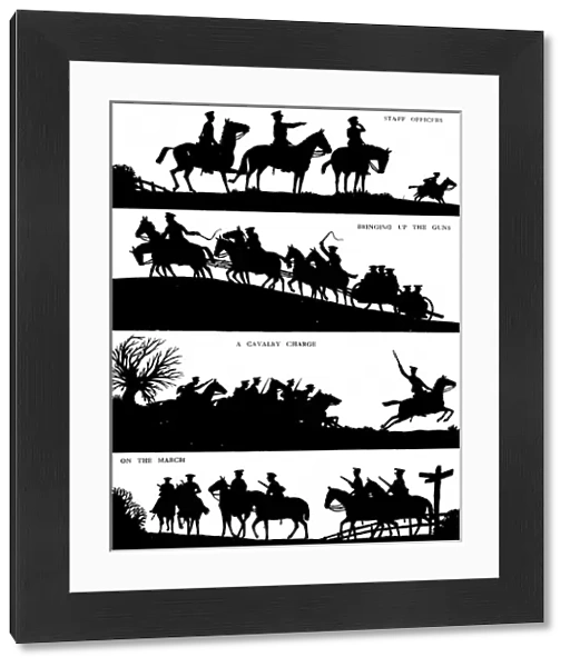 Silhouettes of horses and men in wartime