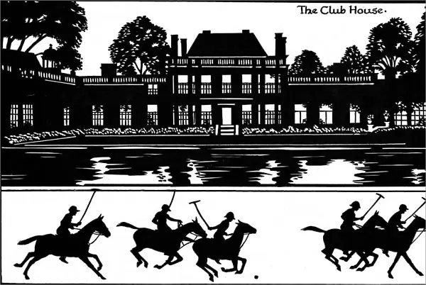 Silhouette of Hurlingham Club House and polo players