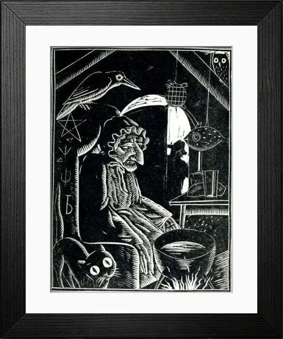 Framed Print : A witch sits by her cauldron surrounded by wildlife Framed Print : A witch sits by her cauldron surrounded by wildlife
