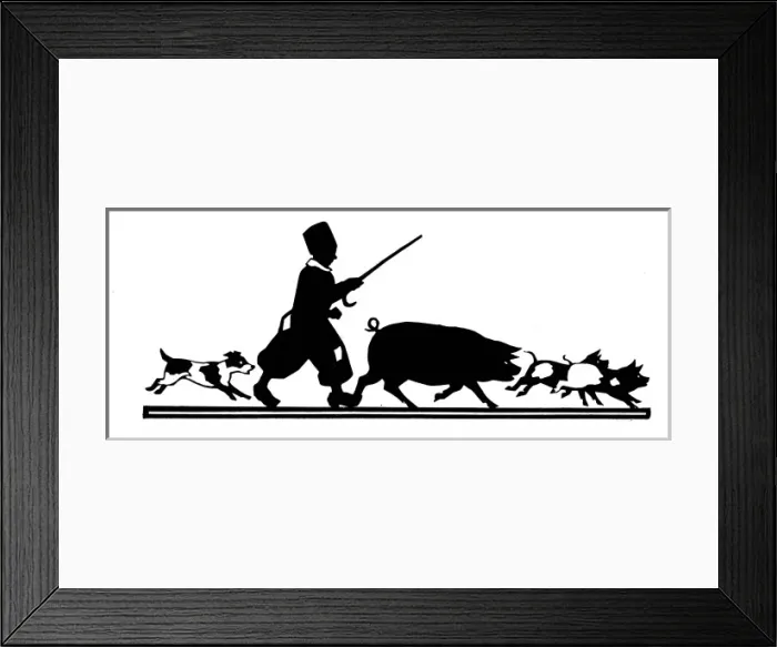 Framed Print : Silhouette of a boy with pig and piglets Framed Print : Silhouette of a boy with pig and piglets