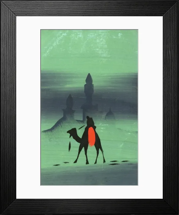 Framed Print : Eastern scene - Camel rider passes a mosque Framed Print : Eastern scene - Camel rider passes a mosque